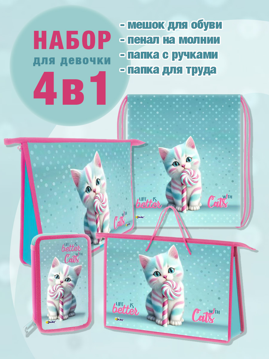 

Школьный набор папка А4, пенал, сумка для обуви, папка с ручками Отличник Кот Карамелька, Котик Карамелька