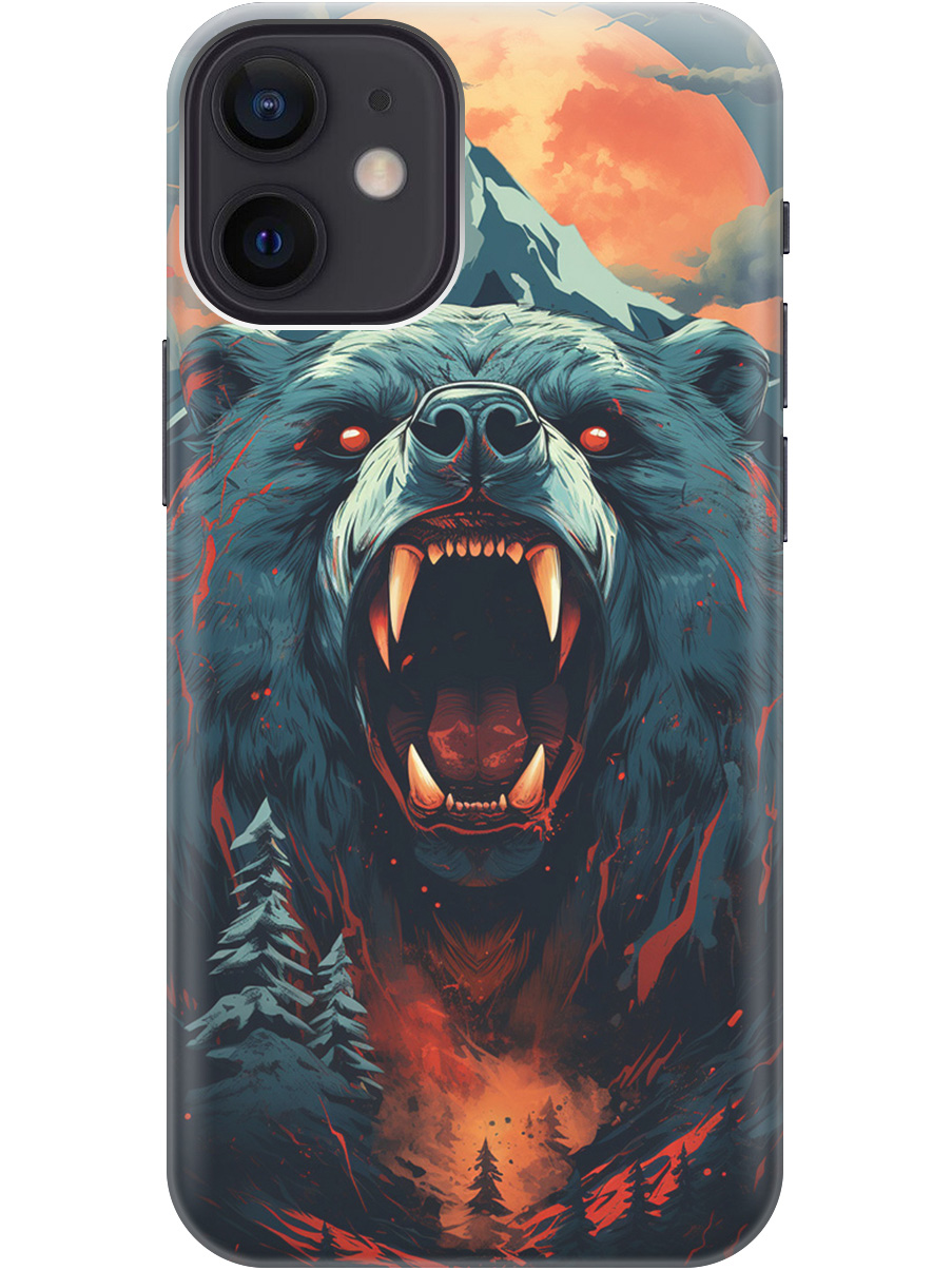 

Чехол на Apple iPhone 12 mini силиконовый с принтом "Гризли при красной луне", Красный;синий;черный, 20000701