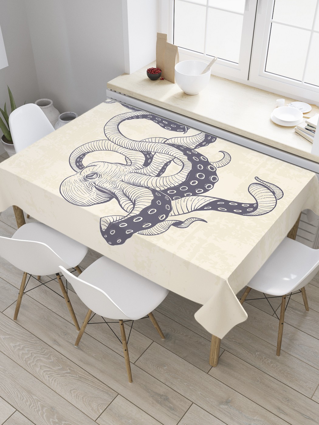 

Скатерть прямоугольная JoyArty "Графическая каракатица" из оксфорда, 120x145 см, Бежевый, Графическая каракатица