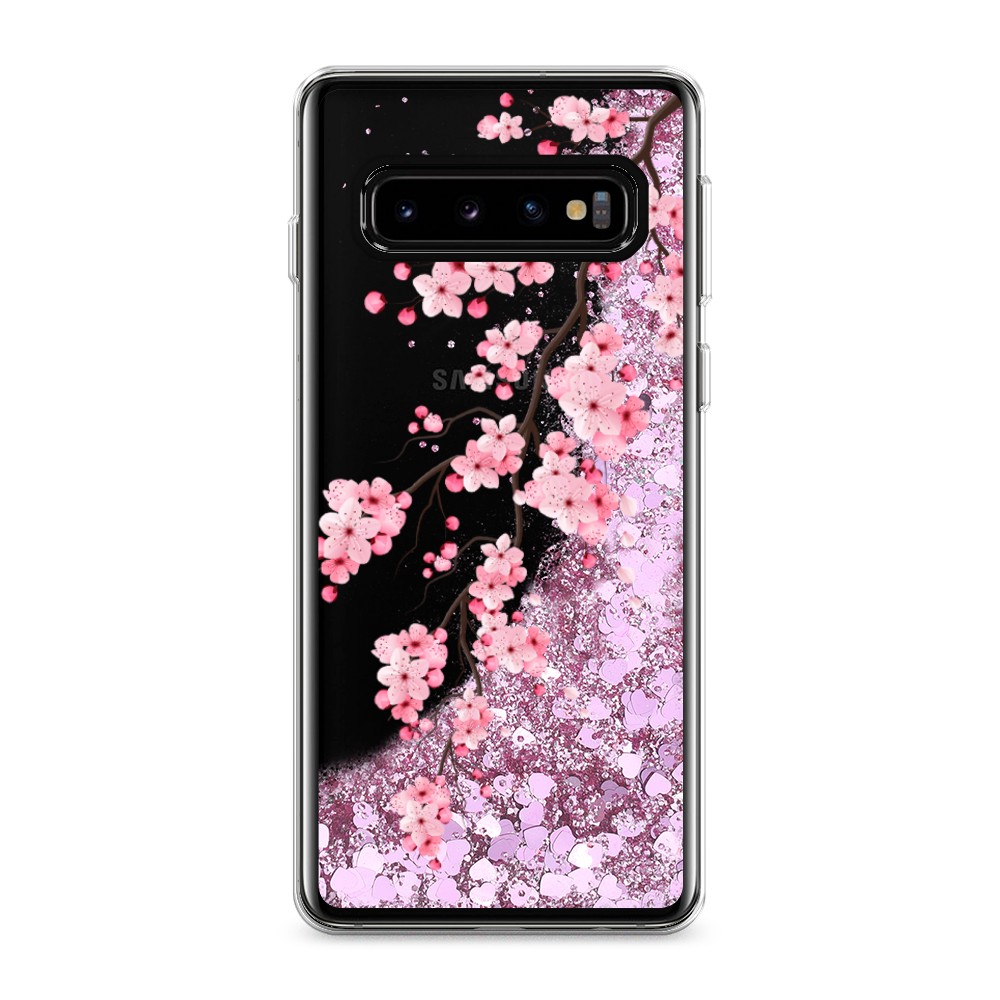 фото Жидкий чехол с блестками "розовая сакура" на samsung galaxy s10 awog