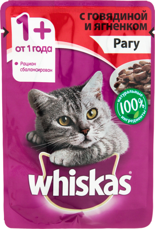 фото Влажный корм для кошек whiskas рагу с говядиной и ягненком, 85г