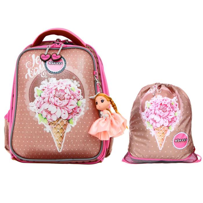 

Рюкзак каркасный Across, 39 х 29 х 17 см + мешок для обуви, с брелоком, пайетки Мороженое, Розовый