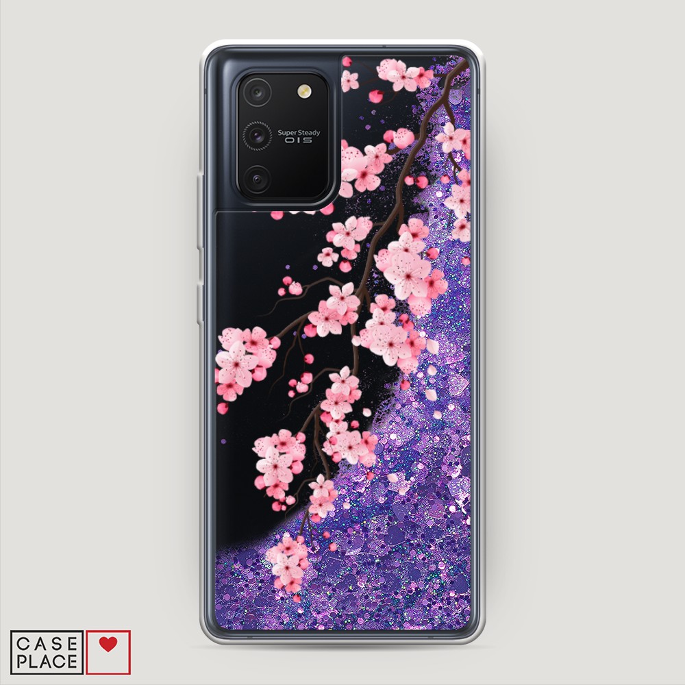 фото Жидкий чехол с блестками "розовая сакура" на samsung galaxy s10 lite awog