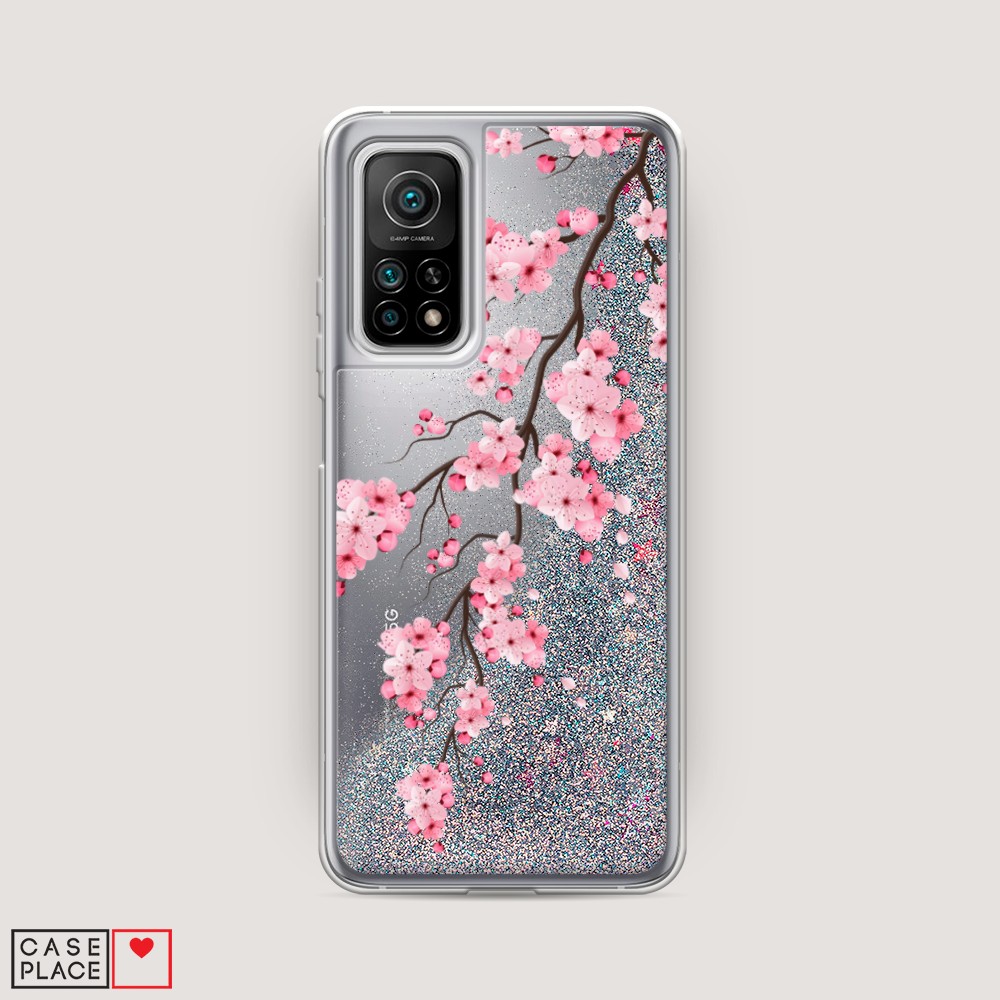 

Жидкий чехол с блестками "Розовая сакура" на Xiaomi Mi 10T