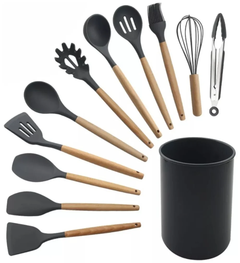 Набор кухонных принадлежностей Kitchen Set, 11 навесок + подставка, цвет черный