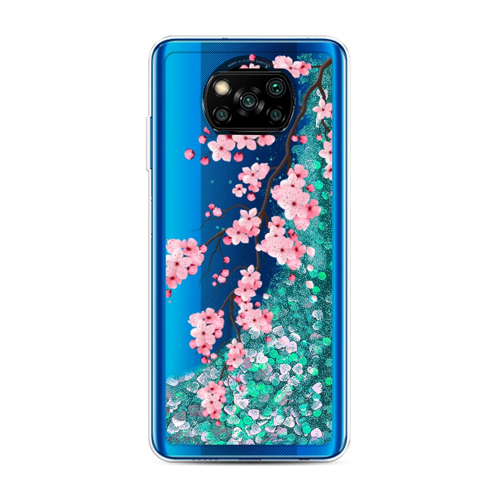 

Жидкий чехол с блестками "Розовая сакура" на Xiaomi Poco X3 NFC, 39295-1