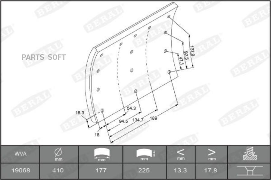 BERAL KBL1906801550 KBL19068.0-1550_накладки тормозные STD БЕЗ ЗАКЛ.19940 18.0-13.5(410x2