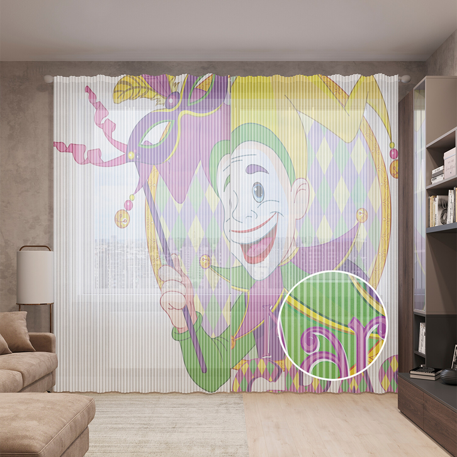 

Тюль вуаль на шторной ленте с принтом JoyArty "Шут с маской", 310х265 см, Шут с маской