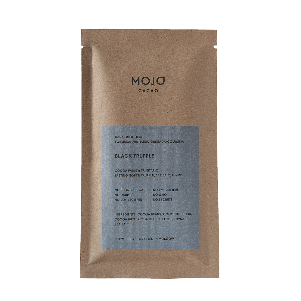 

Горький шоколад 70% Mojo Cacao с черным трюфелем морской солью и тимьяном black truffle