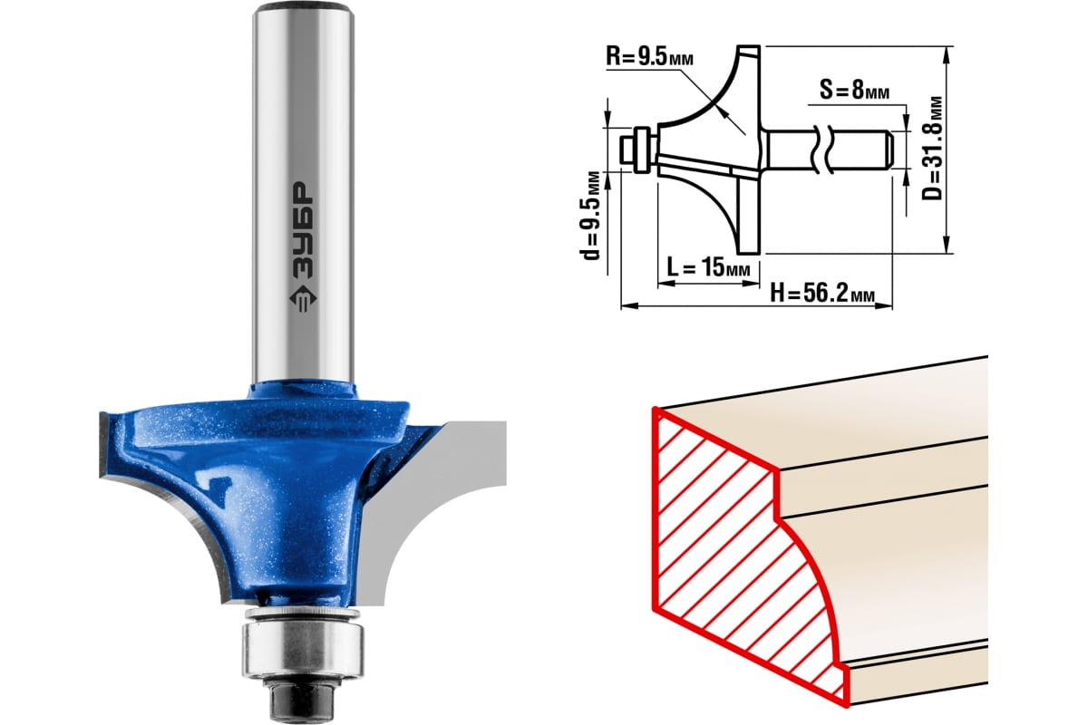 Фреза кромочная калевочная ЗУБР №1 31,8x15 мм радиус 9,5 мм