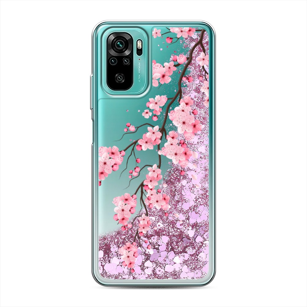 

Жидкий чехол с блестками "Розовая сакура" на Xiaomi Redmi Note 10