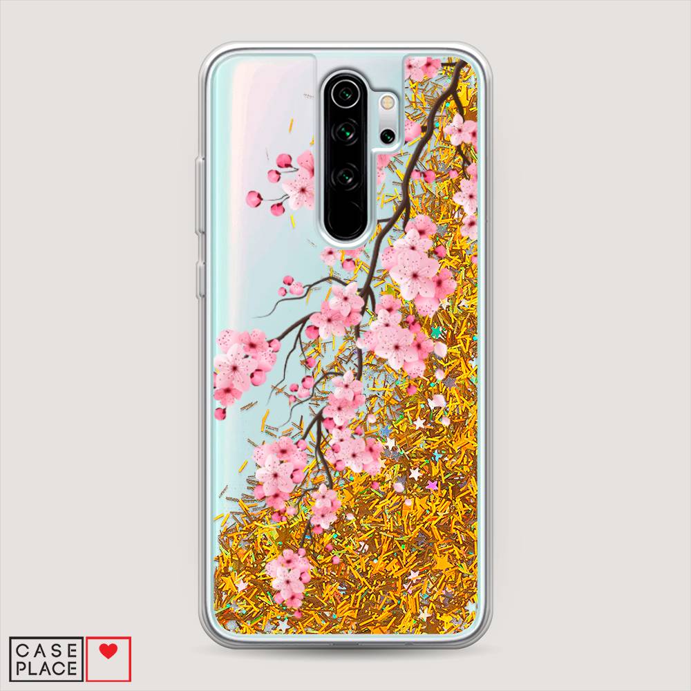 фото Жидкий чехол с блестками "розовая сакура" на xiaomi redmi note 8 pro awog