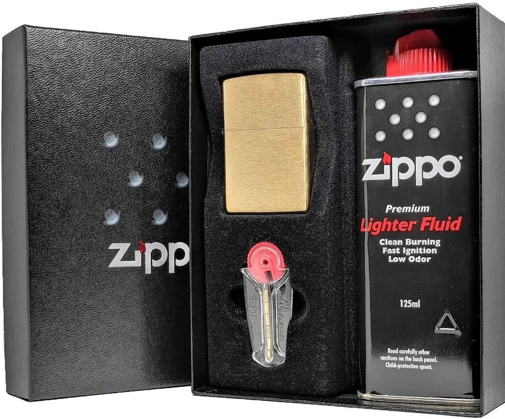 

Подарочный набор ZIPPO (Зажигалка ZIPPO 204B с покрытием Brushed Brass + кремни + топливо,, Золотистый