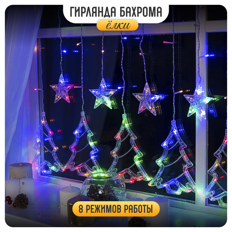 

Световая бахрома Luazon Lighting Елки 2361709 2,4х0,9 м разноцветный, Елки