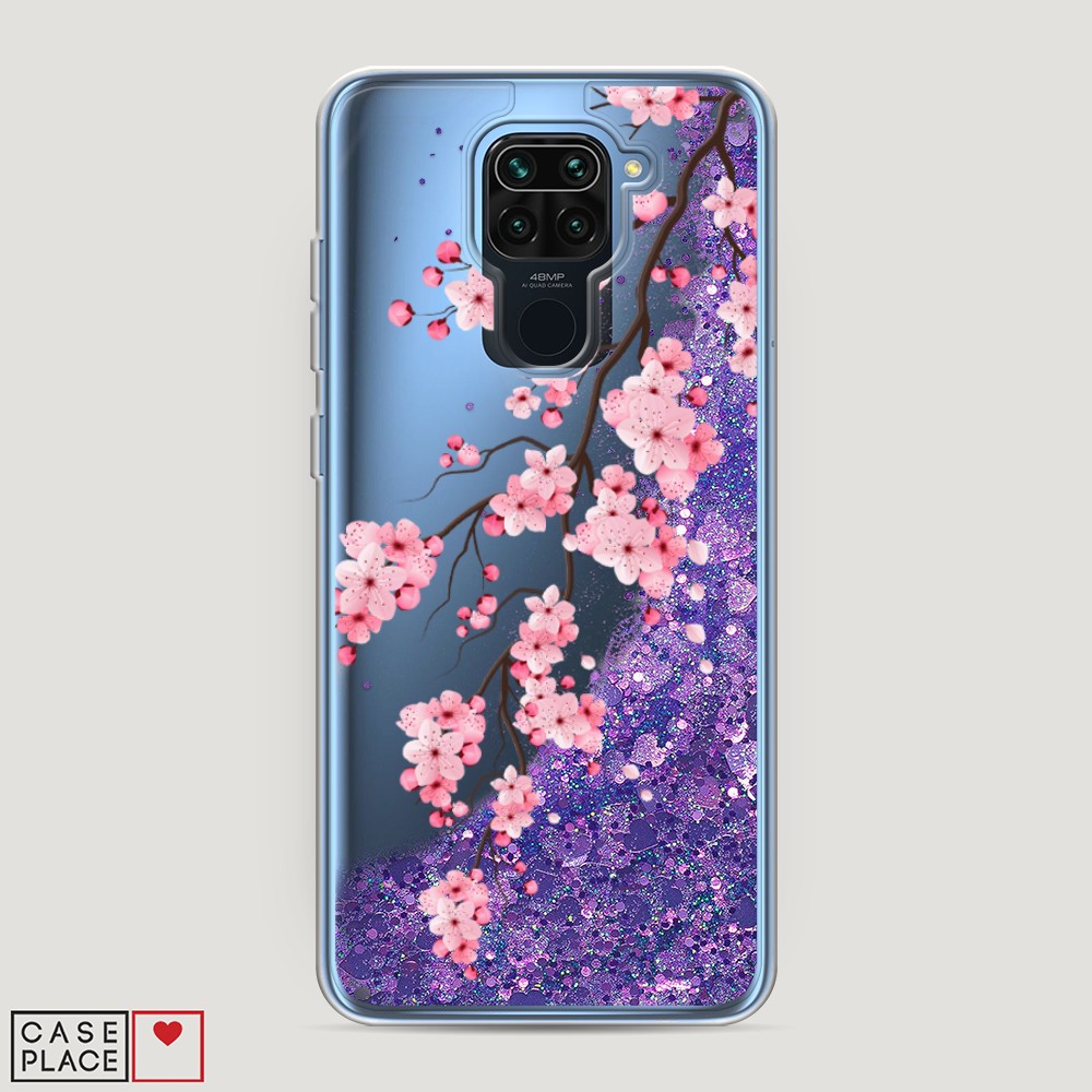 фото Жидкий чехол с блестками "розовая сакура" на xiaomi redmi note 9 awog