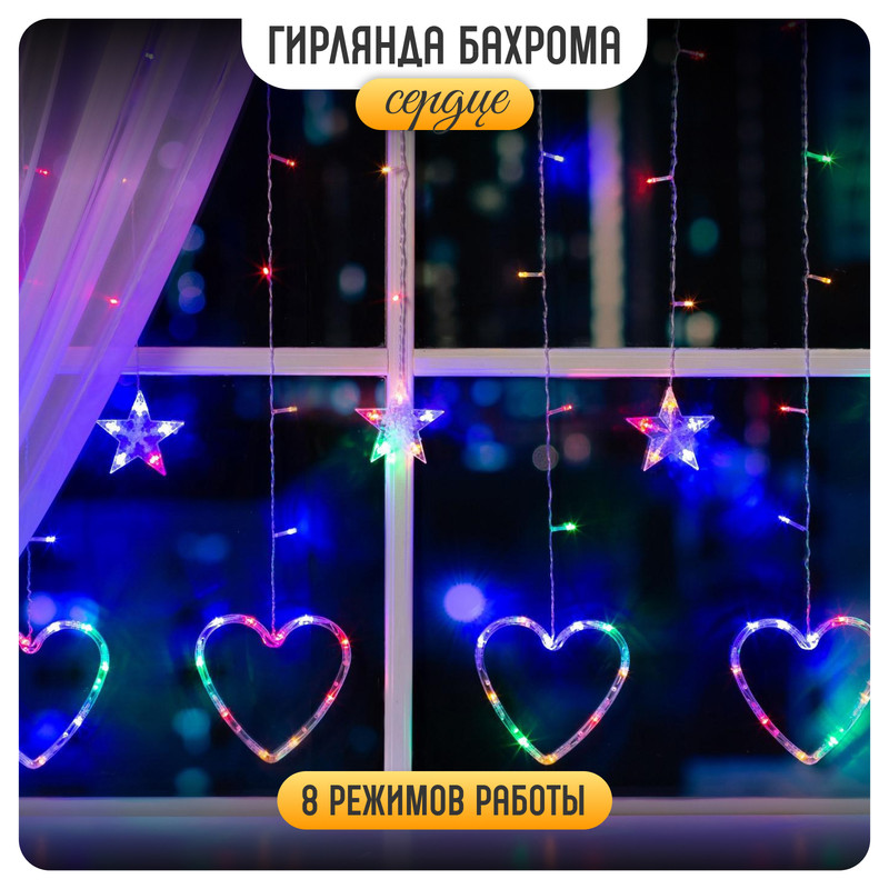 

Гирлянда Бахрома 2.4x0.9м Сердце, IP20, прозр.нить, 186LED, свечение мульти,8 режимов,220В, «Бахрома» 2.4  0.9 м с насадками «Сердце»