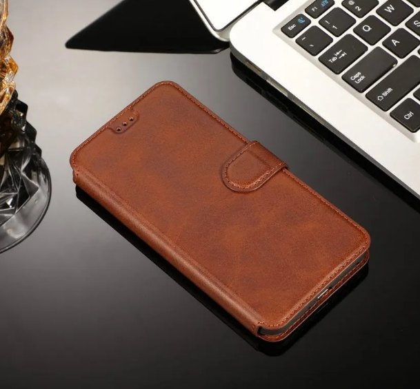 

Чехол книжка для Xiaomi Poco M4 Pro кожаный коричневый с магнитной застежкой