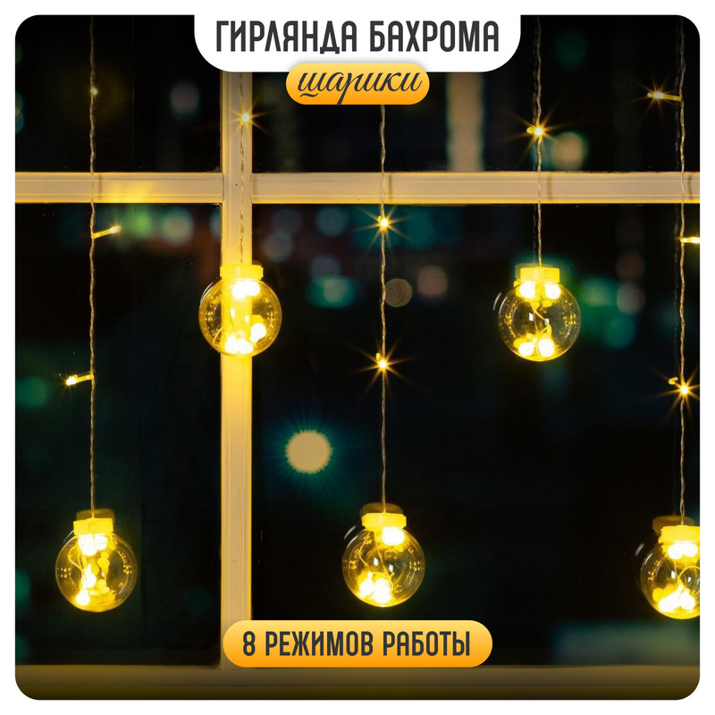 

Гирлянда Бахрома 2.4x0.7м Шарики, IP20, прозр.нить, 108LED, свечение т/бел, 8 режимов,220В, «Бахрома» 2.4  0.7 м с насадками «Шарики»