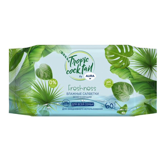 Влажные салфетки Aura Tropic Cocktail, освежающие, МИКС, 60 шт(2 шт.)