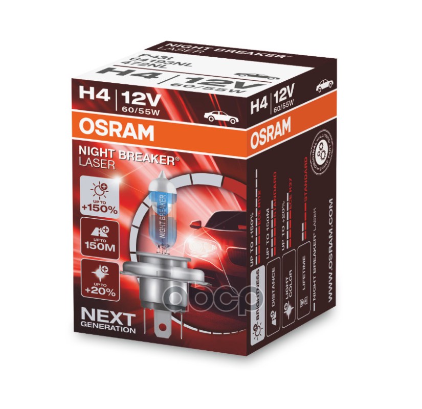 

Лампа H4 12V 60/55W P43t NIGHT BREAKER LASER +150% больше света 1 шт.