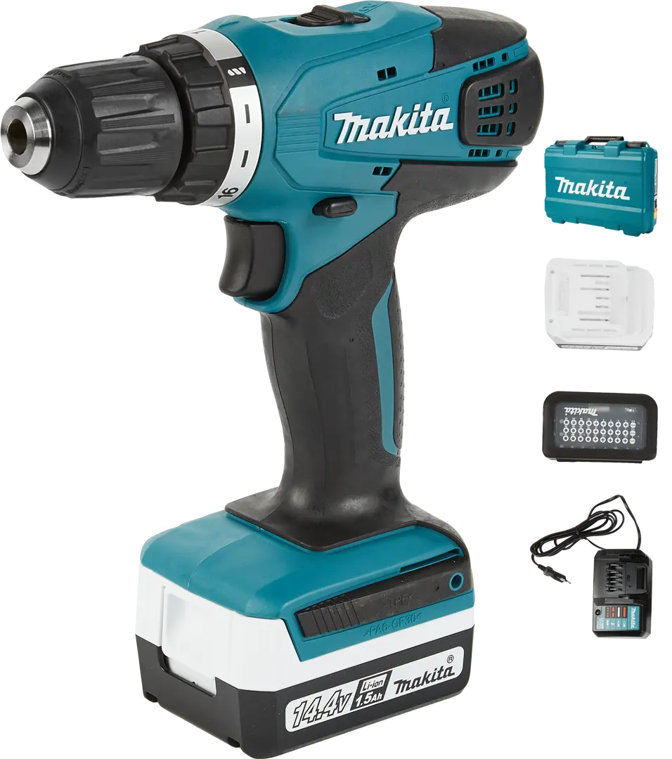 

Дрель-шуруповерт аккумуляторная Makita DF347DWEX8 14.4 В Li-ion 2х1.5 Ач, набор бит