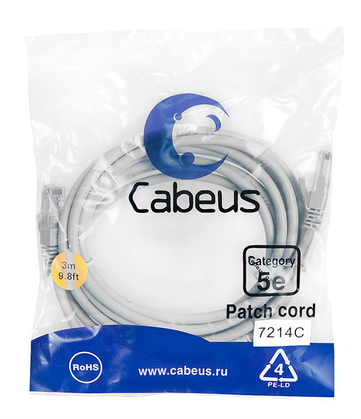 Патч-корд Cabeus RJ45-RJ45 3м (PC-UTP-RJ45-Cat.5e-3m)