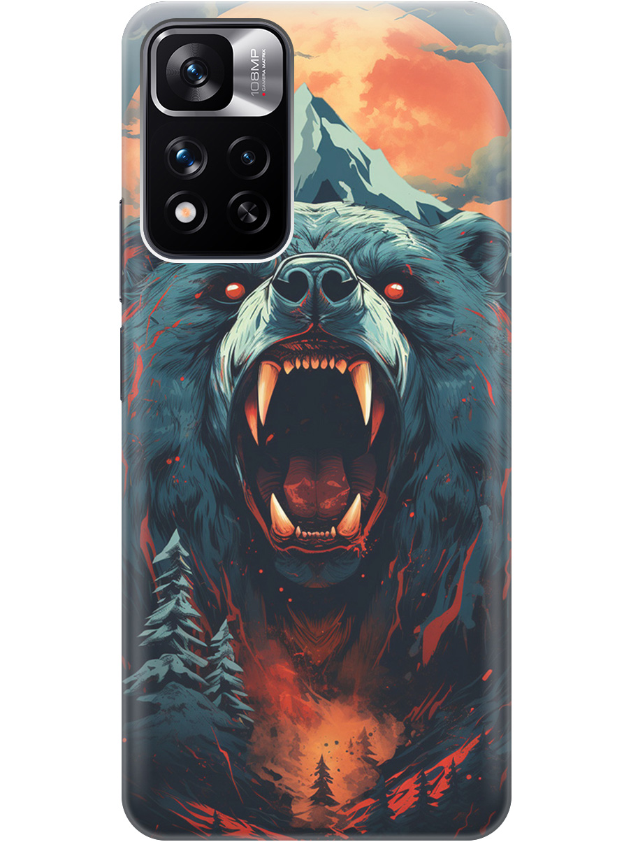 

Чехол на Redmi Note 11 Pro+ силиконовый с принтом "Гризли при красной луне", Красный;синий;черный, 20000753