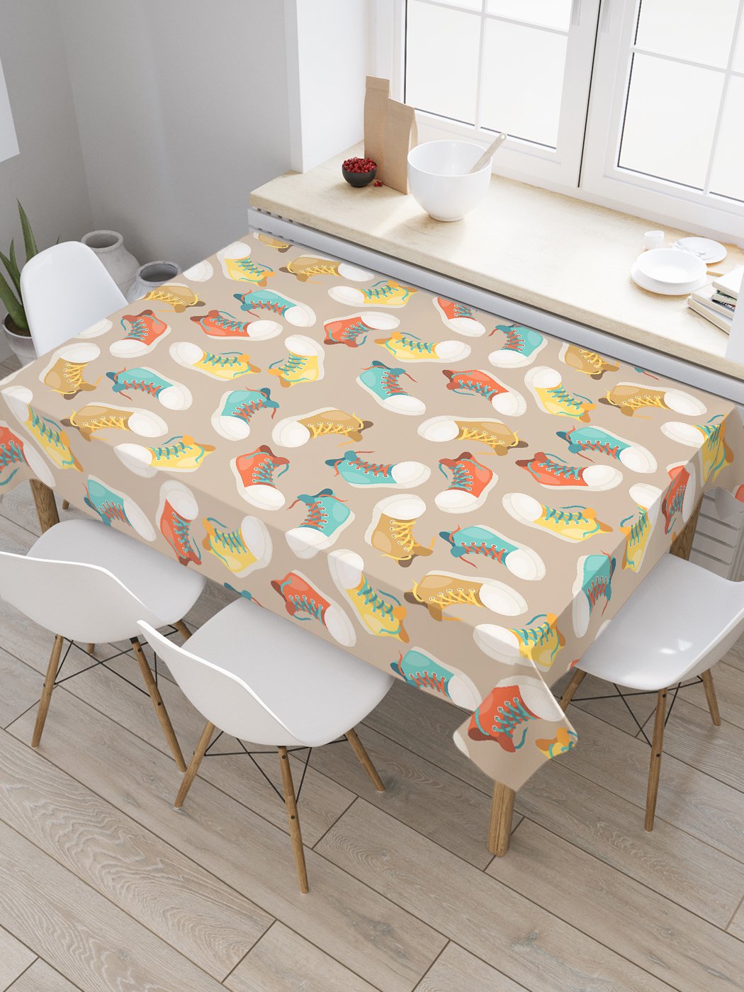 

Скатерть прямоугольная JoyArty "Разноцветные кеды" из сатена, 180x145 см, Бежевый, Разноцветные кеды