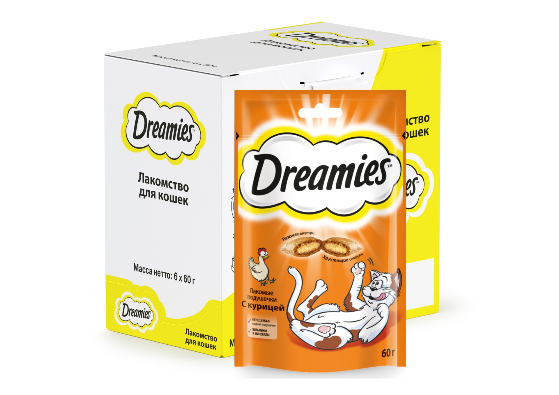 фото Лакомство для кошек dreamies, лакомые подушечки с курицей, 6 шт по 60г