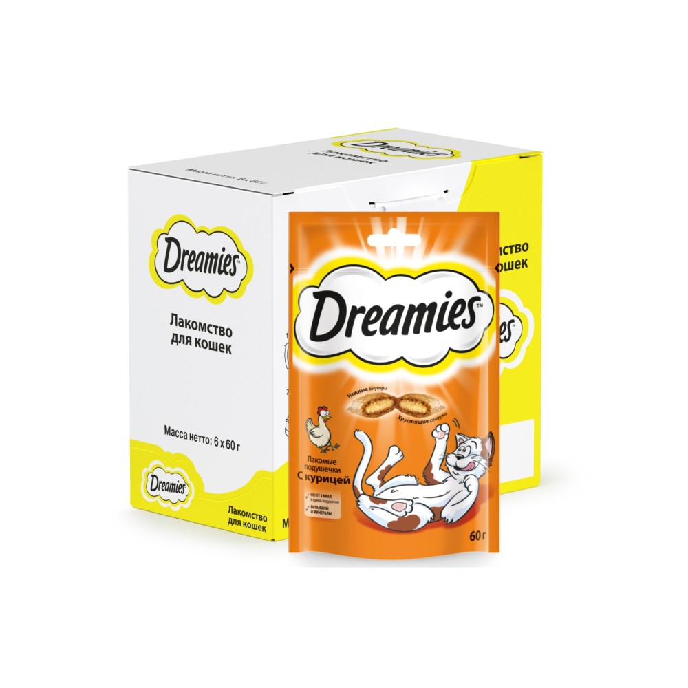 Лакомство для кошек Dreamies подушечки с курицей 6 шт по 60г 1026₽