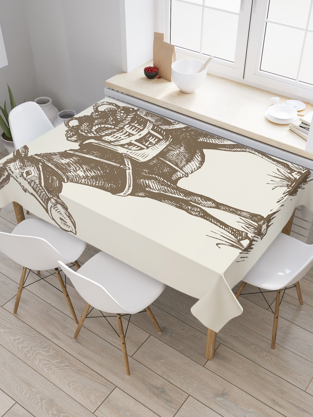 

Скатерть прямоугольная JoyArty "Навьюченный осел" из сатена, 180x145 см, Бежевый, Навьюченный осел