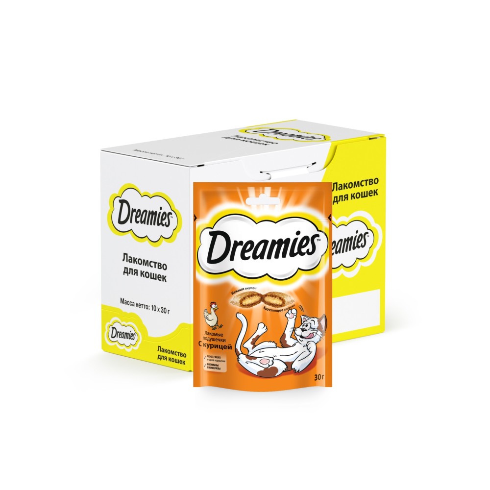 Лакомство для кошек Dreamies подушечки с курицей, 10 шт по 30г