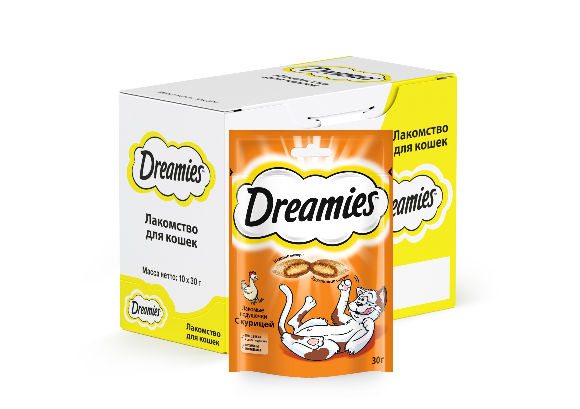 фото Лакомство для кошек dreamies, лакомые подушечки с курицей, 10 шт по 30г