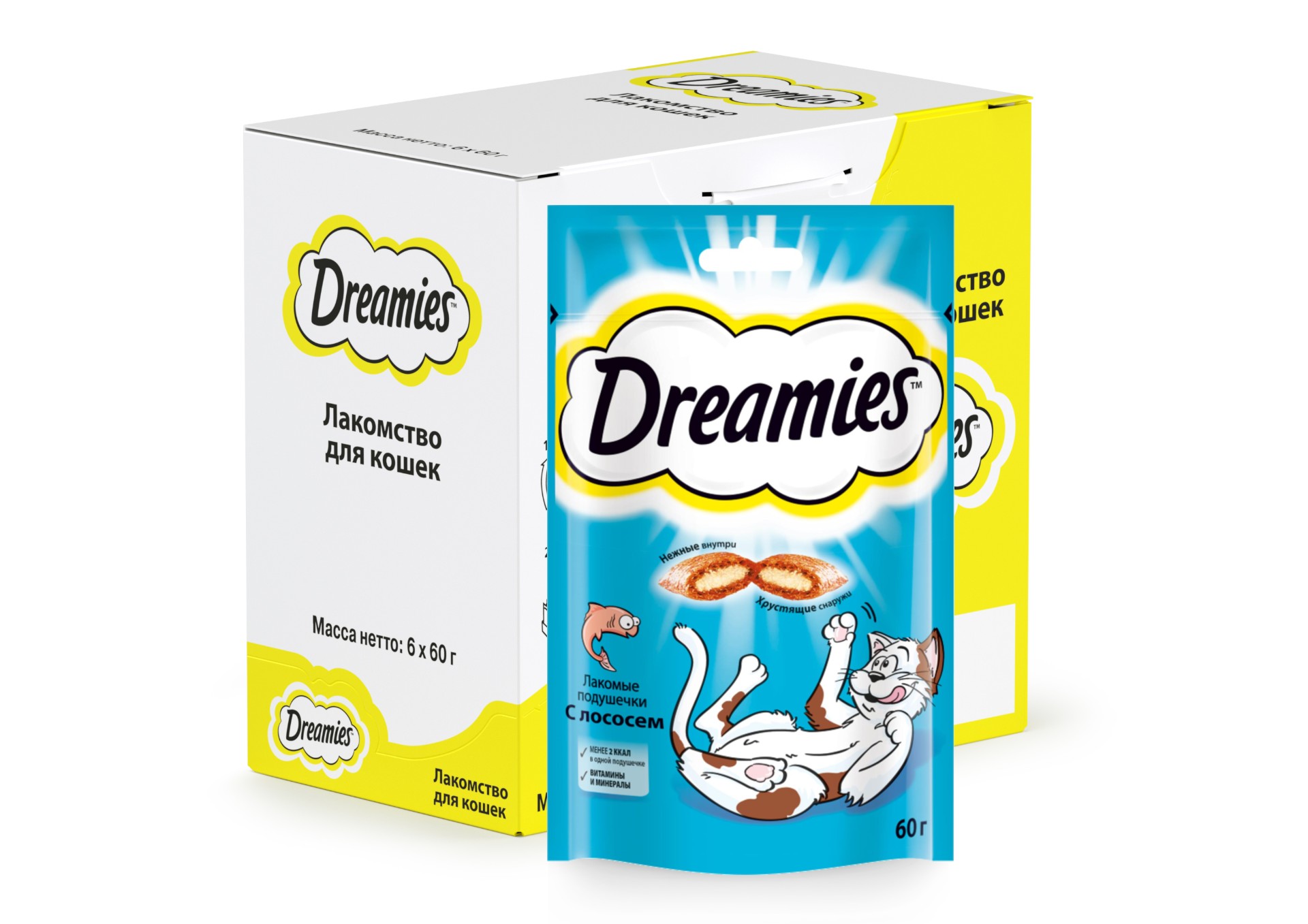 фото Лакомство для кошек dreamies, лакомые подушечки с лососем, 6 шт по 60г