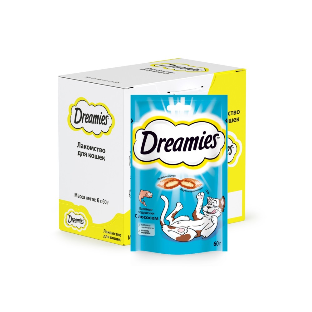 Лакомство для кошек Dreamies подушечки с лососем 6 шт по 60г 684₽