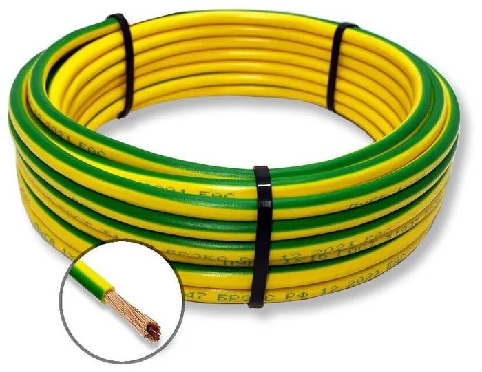 Провод электрический ПуГВ 1х10 мм2 Зеленый-Желтый 50м, кабель силовой, медь