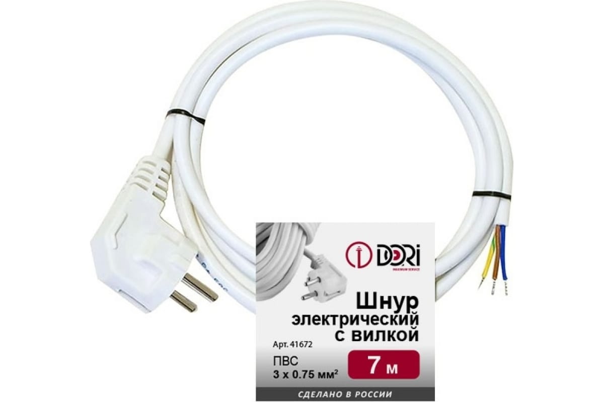 

Шнур DORI ПВС 3х0,75 с вилкой белый 7м