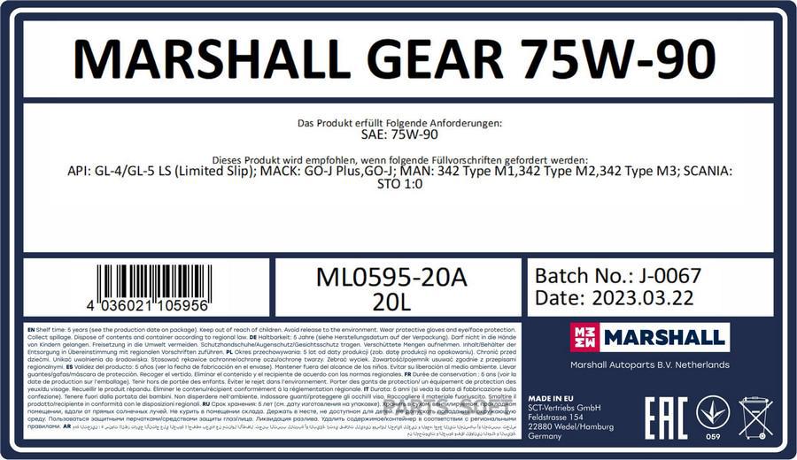 

Трансмиссионное масло MARSHALL Autoparts ML059520A 75W-90
