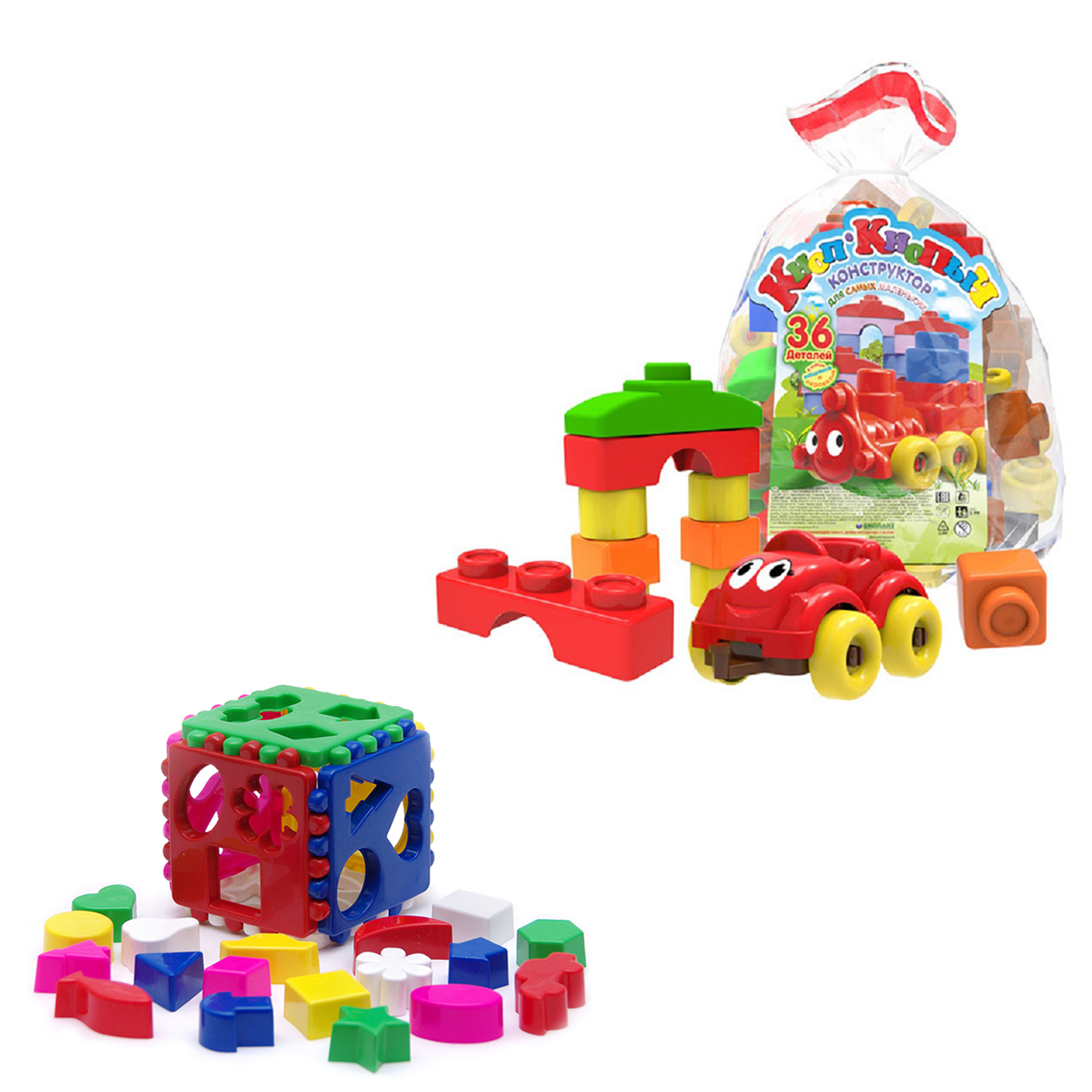 Развивающие игрушки Karolina Toys Сортер Кубик большой + Конструктор Кноп-Кнопыч 36 дет.