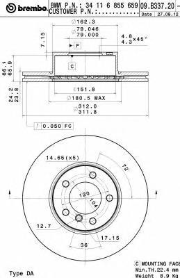 

Тормозной диск brembo передний с покрытием для BMW E90, E91 2005- 09B33721