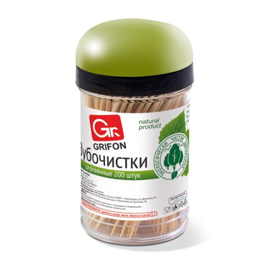 Зубочистки деревянные GRIFON, 200 шт. в баночке, арт. 688388 - (12 упаковок)