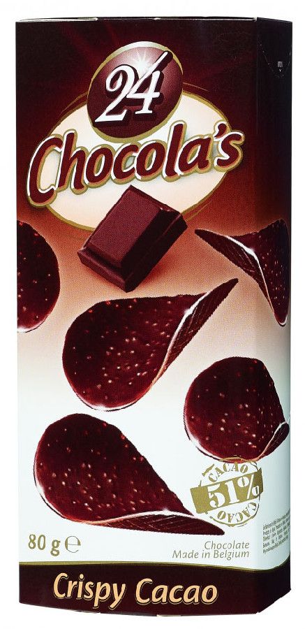 Чипсы 24 Chocolas Crispy Cacao хрустящие бельгийские горький шоколад 80 г 215₽