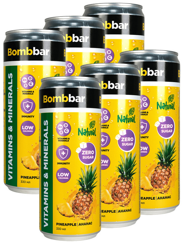 Лимонад Bombbar без сахара с витаминами, Ананас, 0,33 л 6 шт