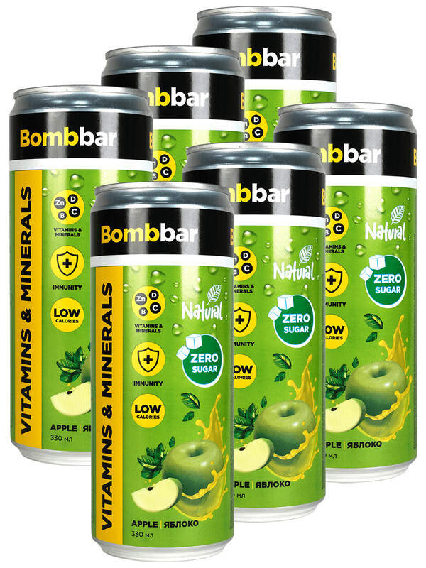 Лимонад Bombbar без сахара с витаминами, Яблоко, 0,33 л 6 шт