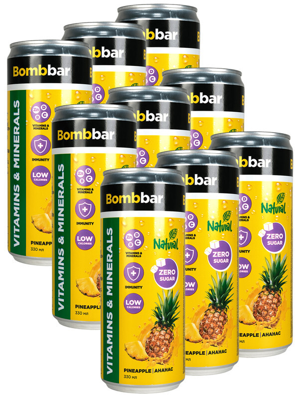 Лимонад Bombbar без сахара с витаминами, Ананас, 0,33 л 9 шт