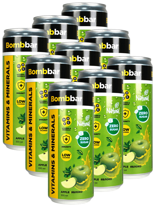 Лимонад Bombbar без сахара с витаминами, Яблоко, 0,33 л 9 шт