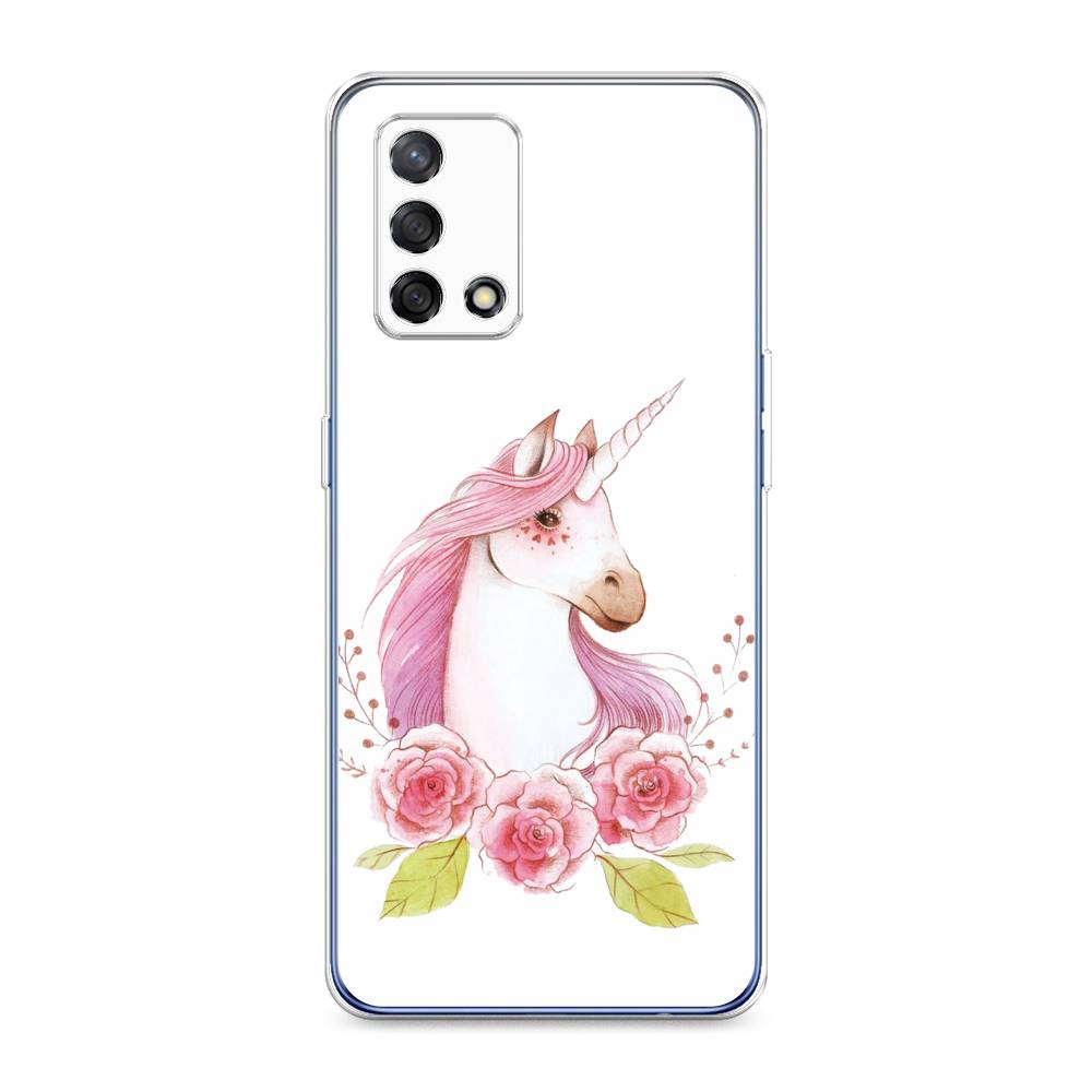 

Чехол на OPPO A74 4G "Единорог цветы", Белый;розовый;серый, 256050-1