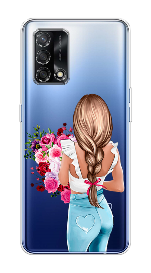 

Чехол на OPPO A74 4G "Девушка с цветами", Коричневый;розовый;голубой, 256050-6