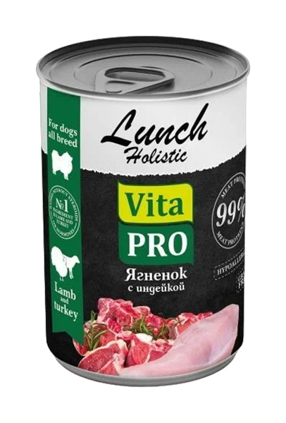 

Влажный корм для собак Vita Pro Lunch Holistic, ягненок с индейкой, 400 г, 9 шт