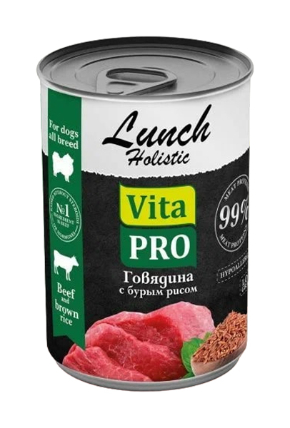 Влажный корм для собак Vita Pro Lunch Holistic, говядина с бурым рисом, 400 г, 9 шт